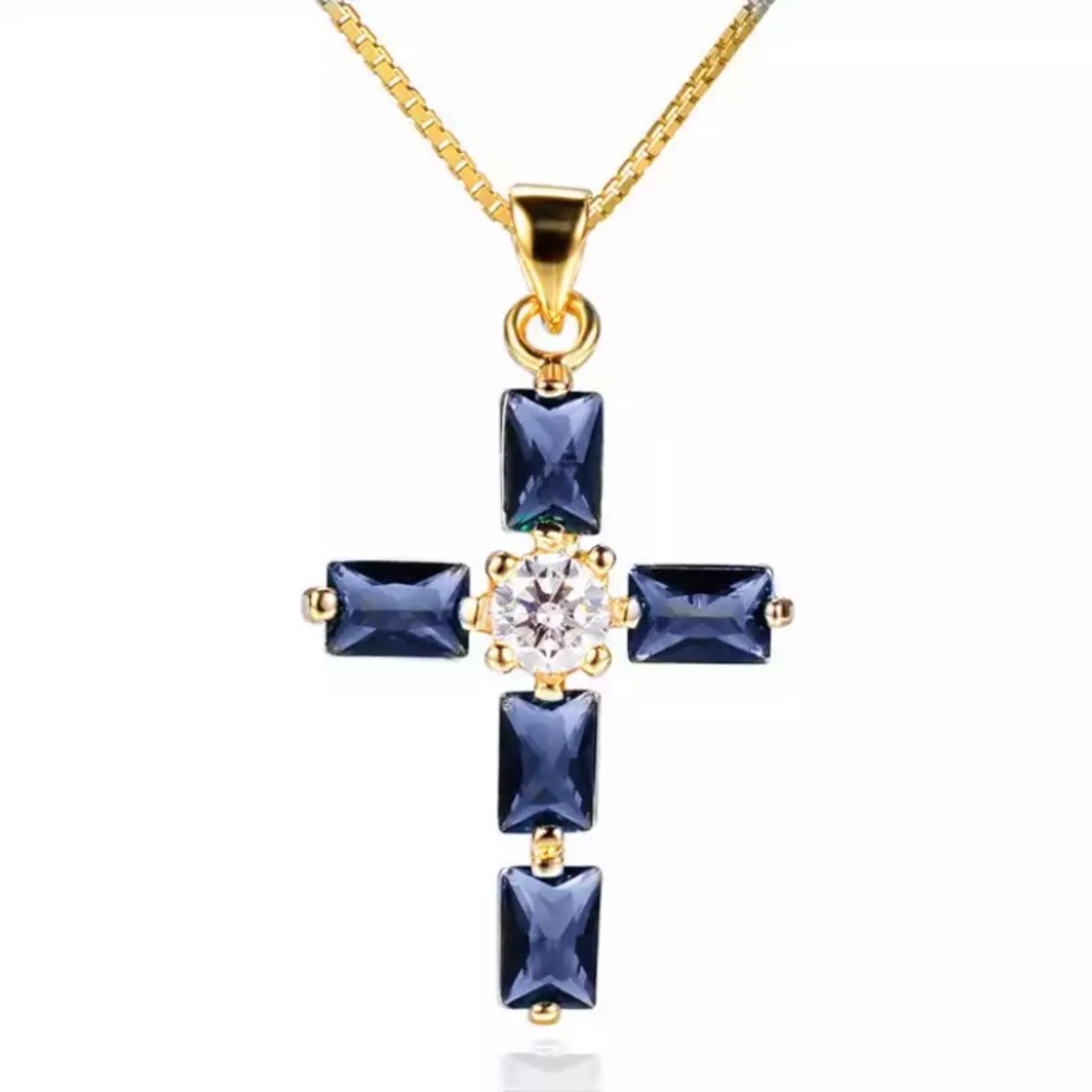 925 Sterling Silver Blue Crystal Cross Pendant New